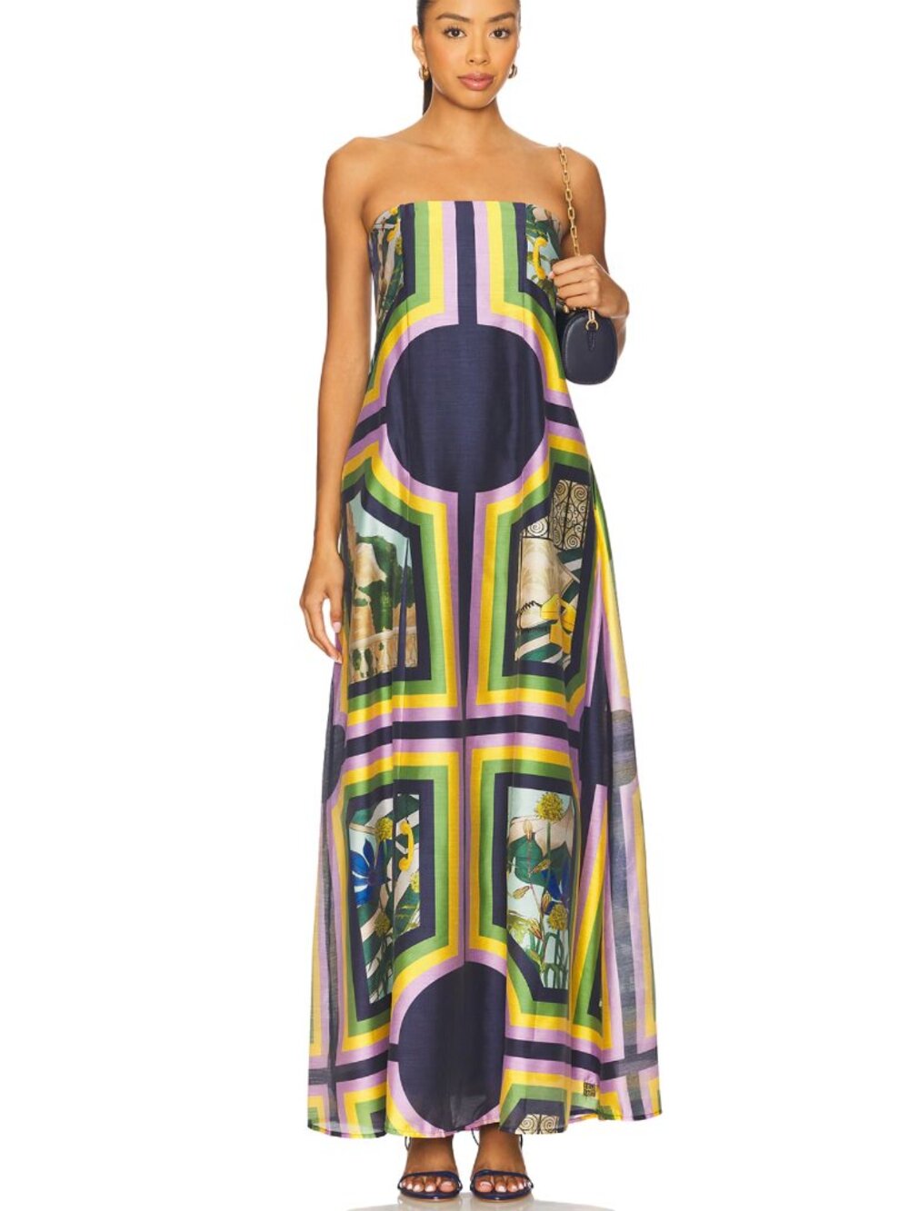 Muma World Looking Glass Ursa Maxi Dress in Garden Purple Green Strapless Satin